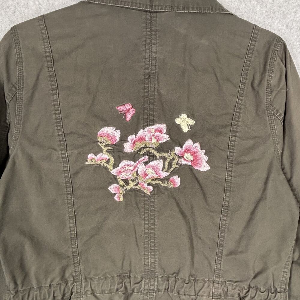 Embroidered Utility Jacket Medium Army Military Chore Barn Thin Butterfly Flower - Picture 10 of 13